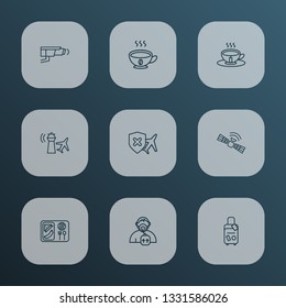 Transportation icons line style set with cancellation insurance, control tower, oxygen mask and other airport building elements. Isolated vector illustration transportation icons.
