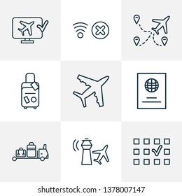 Transportation icons line style set with plane, no network, control tower and other place choice elements. Isolated vector illustration transportation icons.
