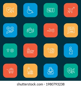 Transportation icons line style set with flight time, hanging board, cancellation insurance and other protect luggage elements. Isolated vector illustration transportation icons.