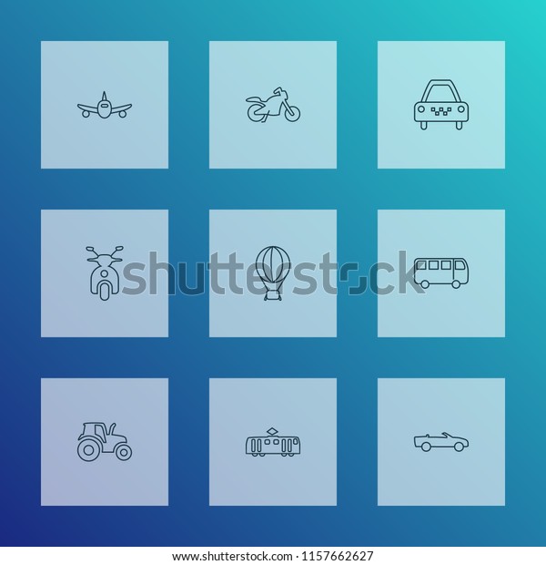 Transportation icons line style set with tractor,\
motorcycle, plane and other train elements. Isolated vector\
illustration transportation\
icons.