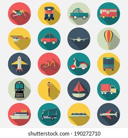 Transportation icons with long shadow effect in stylish