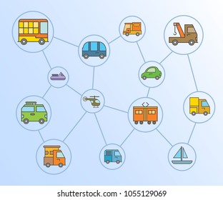 transportation icons network diagram in blue background