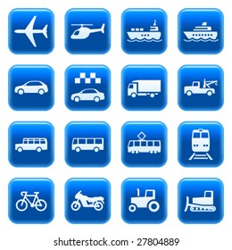 Transportation icons on blue square web buttons. Vector set 3. Car, plane, helicopter, ship, boat, train, tow truck, tram, school bus, bike, motorcycle, taxi, tractor, bulldozer, vehicle symbols