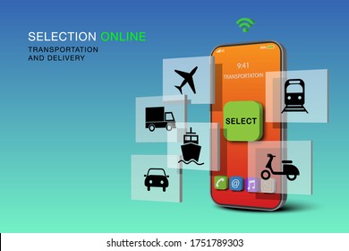 Transportation icons on smartphone. Delivery options. Shipping delivery symbol. Airplane, Truck, ship, Car, train and scooter. Transport Choice.