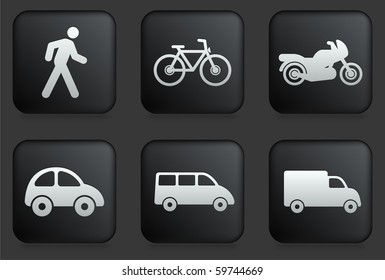 Transportation Icons on Square Black Button Collection Original Illustration
