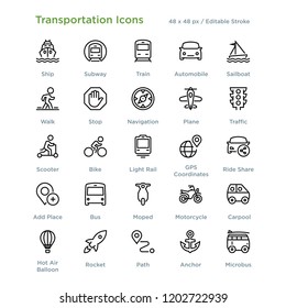 Transportation Icons - Outline styled icons, designed to 48 x 48 pixel grid. Editable stroke.