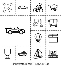 Transportation icons. set of 13 editable outline transportation icons such as airport bus, car, box, sailboat, wheelbarrow, cargo on palette, fragile cargo, cabriolet, bicycle