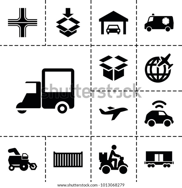 Transportation icons. set of
13 editable filled transportation icons such as tractor, cargo
wagon, courier on motorcycle, box, garage, car, plane, road, cargo
box, van