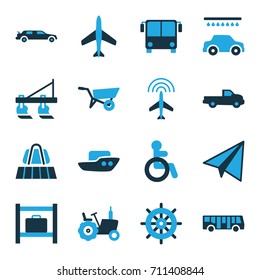 Transportation icons set. set of 16 transportation bi-color icons such as wheel barrow, car, tractor, plane, luggage belt, airport bus, disabled, luggage storage, boat