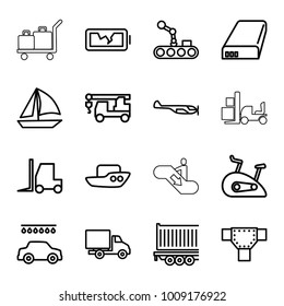 Transportation icons. set of 16 editable outline transportation icons such as helicopter, road, boat, car wash, tractor, truck with hook, sailboat, delivery car, cargo trailer