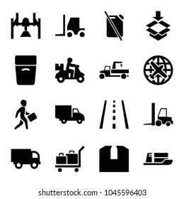 Transportation icons. set of 16 editable filled transportation icons such as plane, tractor, truck, delivery bike, box, delivery car, runway, luggage, concrete mixer, ship