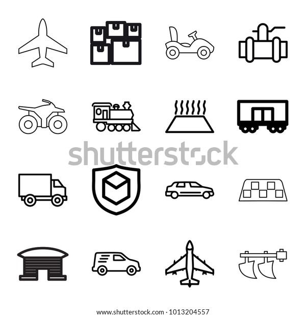 Transportation icons. set\
of 16 editable outline transportation icons such as pump,\
locomotive, delivery car, truck, car, heating system in car, plane,\
tractor, taxi,\
airport