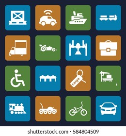 transportation icons set. Set of 16 transportation filled icons such as truck with luggage, car, van, disabled, cargo on palette, cargo tag, locomotive, cargo truck, garage