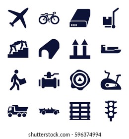 transportation icons set. Set of 16 transportation filled icons such as tunnel, truck, pump, bicycle, cargo box, cargo arrow up, arrow up, cargo on cart, courier