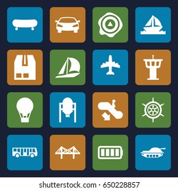 Transportation icons set. set of 16 transportation filled icons such as tank, airport bus, escalator down, airport tower, plane, arrow up, cargo container, bridge, ful battery