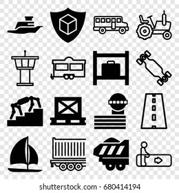 Transportation icons set. set of 16 transportation filled and outline icons such as luggage storage, airport tower, cargo on palette, cargo insurance, cargo trailer, ship