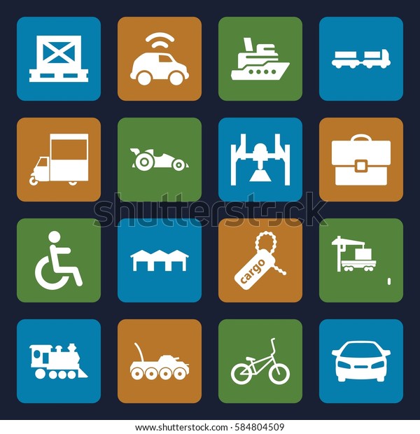 transportation icons set.\
Set of 16 transportation filled icons such as truck with luggage,\
car, van, disabled, cargo on palette, cargo tag, locomotive, cargo\
truck, garage