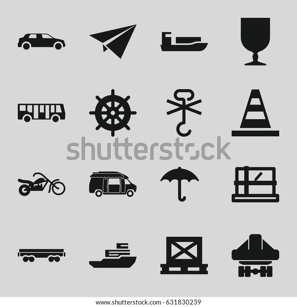 Transportation icons set. set of 16\
transportation filled icons such as airport bus, parcel, helm,\
cone, van, cargo on palette, keep dry cargo, car, motorcycle,\
boat