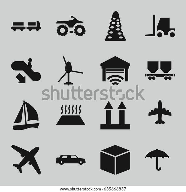 Transportation icons set. set\
of 16 transportation filled icons such as escalator down, truck\
with luggage, tunnel, plane, tractor, cargo arrow up, keep dry\
cargo, cargo\
wagon