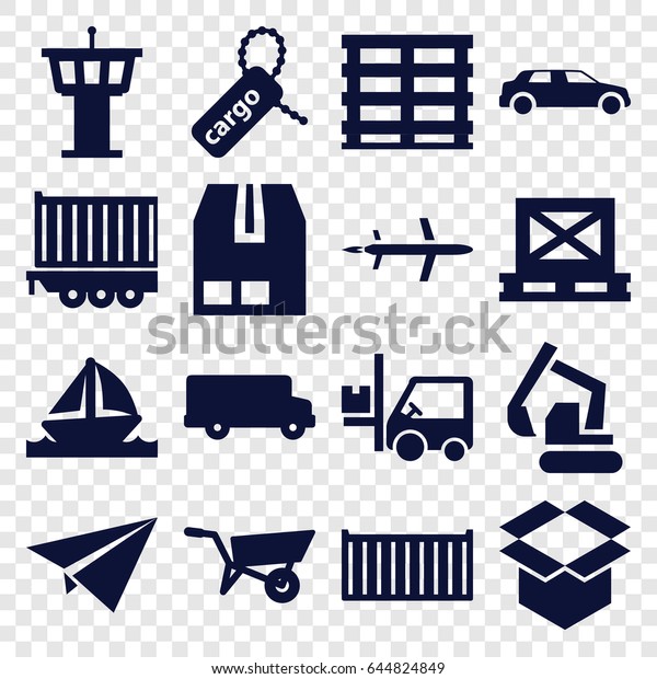 Transportation icons set. set\
of 16 transportation filled icons such as wheel barrow, airport\
tower, excavator, cargo on palette, cargo box, box, forklift, car,\
boat, plane