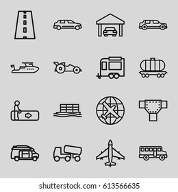 Transportation icons set. set of 16 transportation outline icons such as escalator, plane, road, boat, concrete mixer, trailer, van, cargo wagon, cargo ship, car, garage