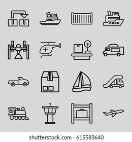 Transportation icons set. set of 16 transportation outline icons such as truck crane, luggage storage, car, airport tower, van, cargo box, cargo container, locomotive
