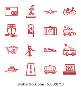 Transportation icons set. set of 16 transportation outline icons such as luggage, plane, tractor, wheelbarrow, bicycle, cargo on palette, no standing nearby, cargo wagon