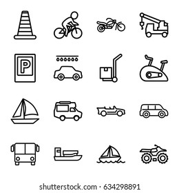 Transportation icons set. set of 16 transportation outline icons such as airport bus, parking, cone barrier, car wash, truck with hook, van, cargo on cart, cabriolet, boat