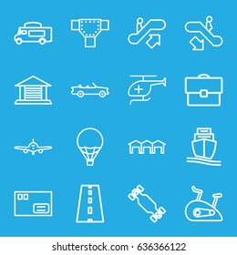 Transportation icons set. set of 16 transportation outline icons such as escalator up, escalator down, plane, road, van, cargo ship, medical helicopter, garage, air balloon