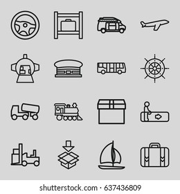 Transportation icons set. set of 16 transportation outline icons such as airport bus, escalator, luggage storage, airport, plane, concrete mixer, forklift, van, locomotive