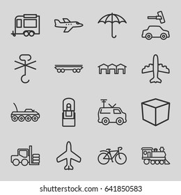 Transportation icons set. set of 16 transportation outline icons such as plane, forklift, car wash, trailer, bicycle, keep dry cargo, no cargo warning, cargo wagon, locomotive