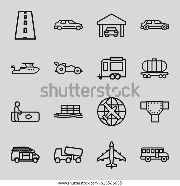 Transportation icons set.\
set of 16 transportation outline icons such as escalator, plane,\
road, boat, concrete mixer, trailer, van, cargo wagon, cargo ship,\
car, garage