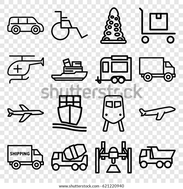 Transportation icons set. set of\
16 transportation outline icons such as train, tunnel, plane,\
concrete mixer, truck, trailer, cargo on cart, cargo ship, medical\
helicopter
