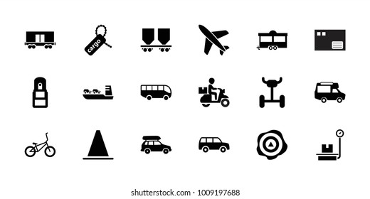 Transportation icons. set of 18 editable filled transportation icons: trailer, van, wheel, cargo tag, cargo wagon, office supply, bicycle, car, plane, airport bus, cone