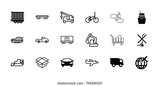 Transportation icons. set of 18 editable filled and outline transportation icons: truck, cargo trailer, car, excavator, truck with hook, box, cargo wagon, bicycle, plane, tank