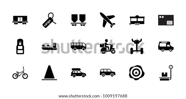Transportation icons. set of 18\
editable filled transportation icons: trailer, van, wheel, cargo\
tag, cargo wagon, office supply, bicycle, car, plane, airport bus,\
cone
