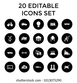 Transportation icons. set of 20 editable filled transportation icons such as tank, tractor, luggage, truck. best quality transportation elements in trendy style.