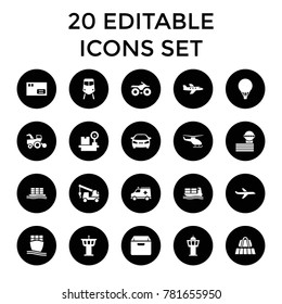 Transportation icons. set of 20 editable filled transportation icons such as luggage belt, train, airport tower, car. best quality transportation elements in trendy style.