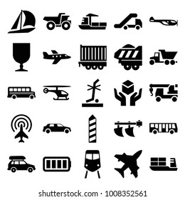 Transportation icons. set of 25 editable filled transportation icons such as airport bus, train, helicopter, truck with hook, sailboat, fragile cargo, no standing nearby