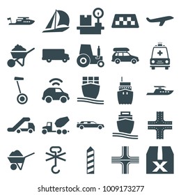 Transportation icons. set of 25 editable filled transportation icons such as taxi, road, plane, boat, construction, bus, sailboat, question box, no cargo warning, cargo ship