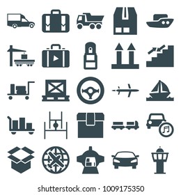 Transportation icons. set of 25 editable filled transportation icons such as luggage, truck with luggage, plane, boat, truck, van, cargo on palette, cargo arrow up, box