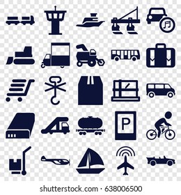 Transportation icons set. set of 25 transportation filled icons such as tractor, plane, airport bus, parking, truck with luggage, truck crane, helicopter, parcel