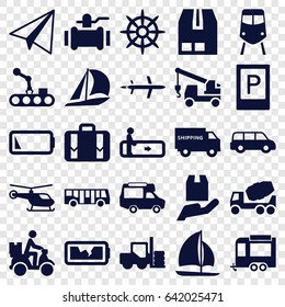 Transportation icons set. set of 25 transportation filled icons such as airport bus, parking, train, escalator, forklift, helicopter, paper airplane, concrete mixer