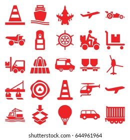 Transportation icons set. set of 25 transportation filled icons such as tractor, luggage belt, cone barrier, plane, cone, truck, van, arrow up, forklift, cargo on cart