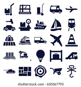 Transportation icons set. set of 25 transportation filled icons such as wheel barrow, luggage belt, train, truck crane, luggage storage, parcel, car wash, cone, cart cargo
