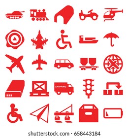 Transportation icons set. set of 25 transportation filled icons such as tractor, disabled, plane, tunnel, bike, paper airplane, cargo on palette, keep dry cargo, arrow up