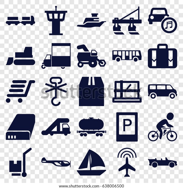 Transportation icons set. set of 25\
transportation filled icons such as tractor, plane, airport bus,\
parking, truck with luggage, truck crane, helicopter,\
parcel