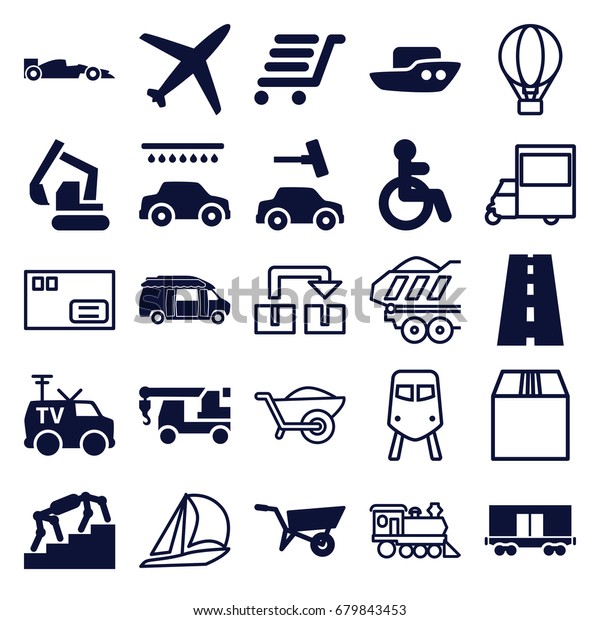 Transportation icons set.\
set of 25 transportation filled and outline icons such as wheel\
barrow, disabled, boat, car wash, excavator, truck with hook, van,\
cargo wagon,\
road