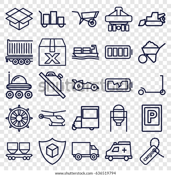 Transportation icons set.\
set of 25 transportation outline icons such as parking, helicopter,\
wheel barrow, tank, kick scooter, construction, excavator, van,\
cargo tag, box