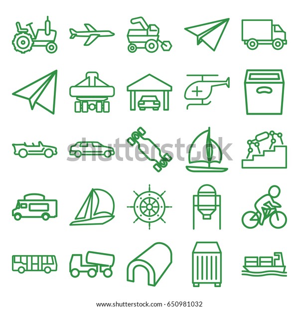 Transportation icons set. set\
of 25 transportation outline icons such as airport bus, tank,\
tractor, tunnel, paper airplane, concrete mixer, van, cargo\
container, cargo\
ship